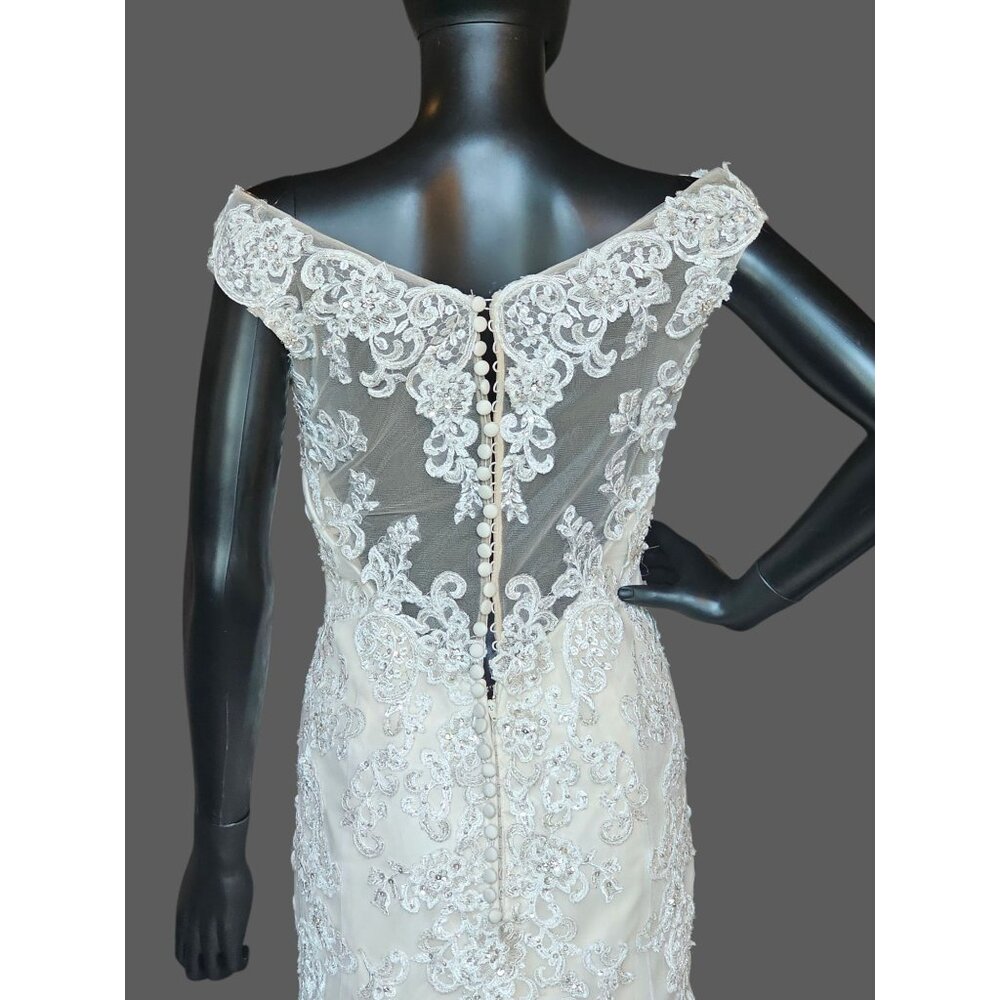 Ivory/Champagne Off Shoulder Fit and Flare Sparkle Illusion Wedding Gown - Picture 8 of 8